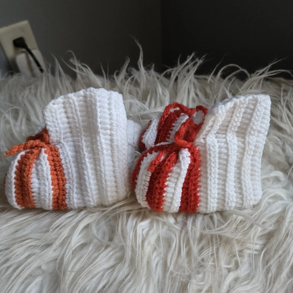 Handmade Knitted Baby Booties - White, Red, and Orange